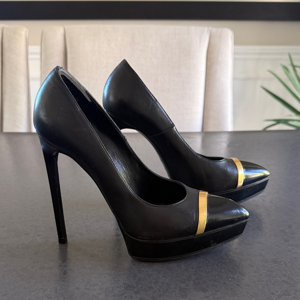 💯 AUTHENTIC Saint Laurent Black Platform Heels with Gold Trim Black Size 38.5 - Picture 9 of 12